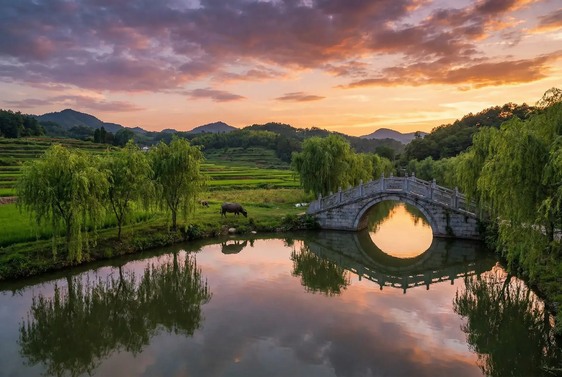 夕阳下的石拱桥与垂柳，水牛在河边吃草 - 四虎影视四虎在钱免费 乡村美景